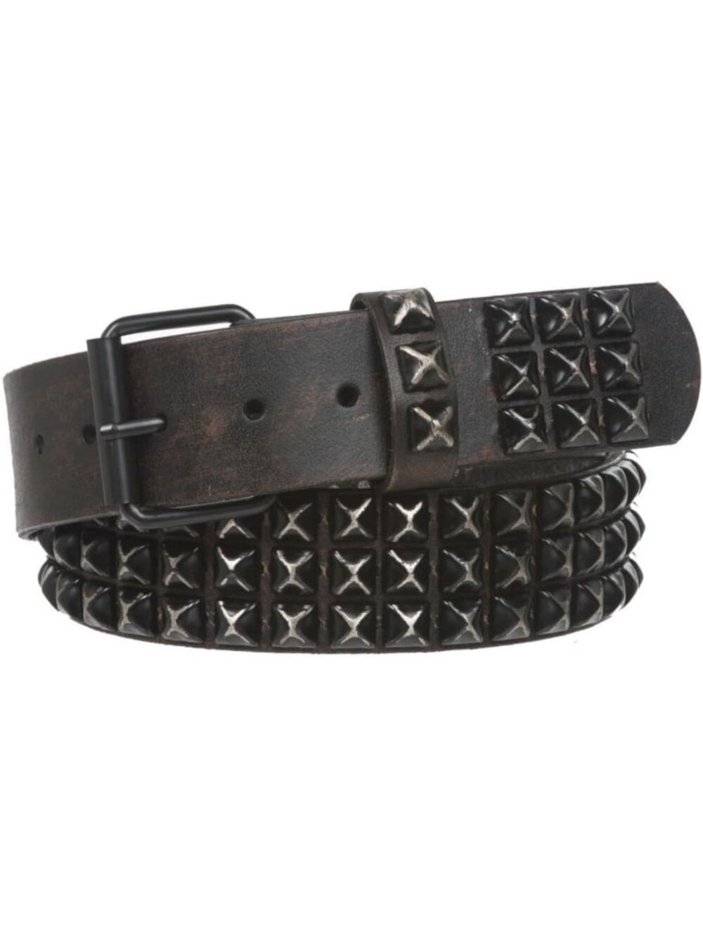 Distressed Black Studded Leather Belt - 1.75" Three Row Punk Rock Style